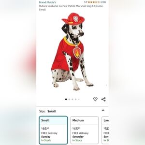 NWT Paw Patrol Marshall The Fire Dog Pet Costume, Size Small